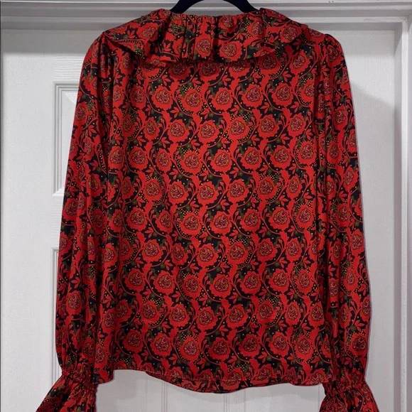 1. State Scarlet and Ebony Patterned Ruffle Blouse - Picture 9 of 13